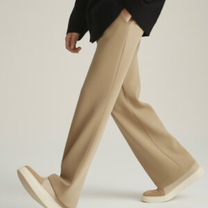 Beige Cotton Wide-Leg Pants