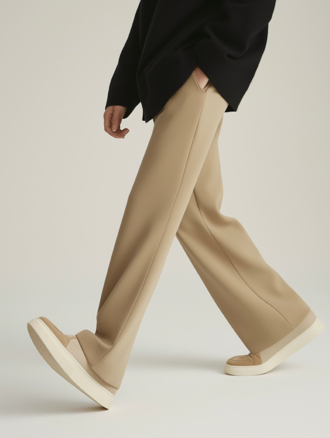 Beige Cotton Wide-Leg Pants